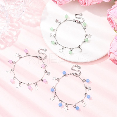3Pcs Stainless Steel and Natural & Dyed Malaysia Jade Charm Bracelets BJEW-JB12418-1