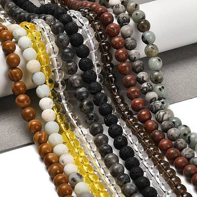 Natural Flower Amazonite/Map Stone/Sesame Jasper/Glass Beads Strands G-P562-C-01-1