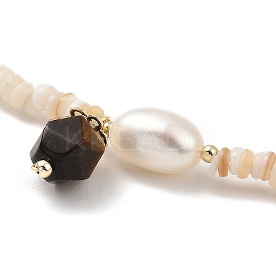 Natural Tiger Eye Beads Charm Necklace with Natural Shell & Pearl Beaded Chains NJEW-K251-01-1