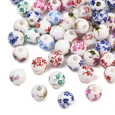 Printed Floral Printed Porcelain Beads PORC-T137-01C-1