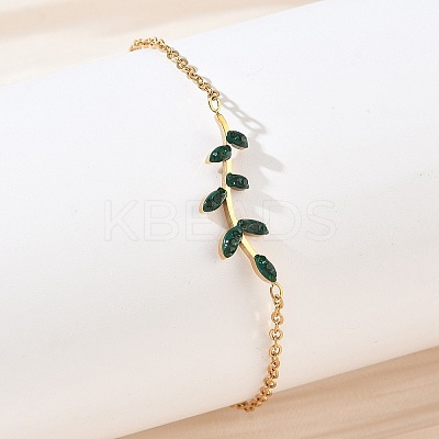304 Stainless Steel Rhinestone Leaf Link Bracelets SA-CBA5F76-03G-03-1