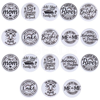 18Pcs 9 Style Flat Round with Word Food Grade Eco-Friendly Printed Silicone Focal Beads SIL-SZ0001-31-1