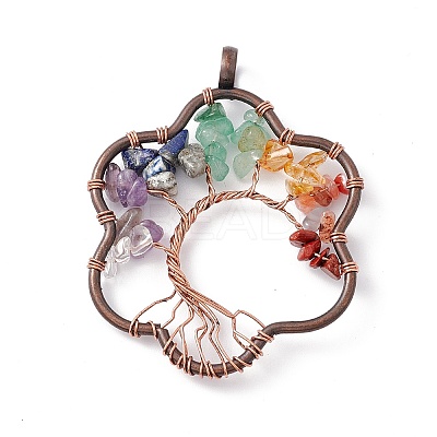 7 Chakra Flower Natural Mixed Stone Copper Wire Wrapped Chip Big Pendants G-E195-12R-01-1