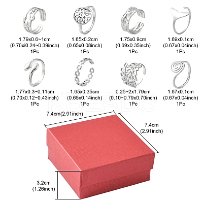 8Pcs 8 Style Whale Tail & Wave & Flower & Vortex & Snake Stainless Steel Open Cuff Ring Set RJEW-FS0001-02-1