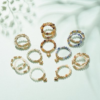 3Pcs 3 Style Natural Gemstone & Brass Beaded Finger Rings with 304 Stainless Steel Heart Charms for Women RJEW-JR00470-1