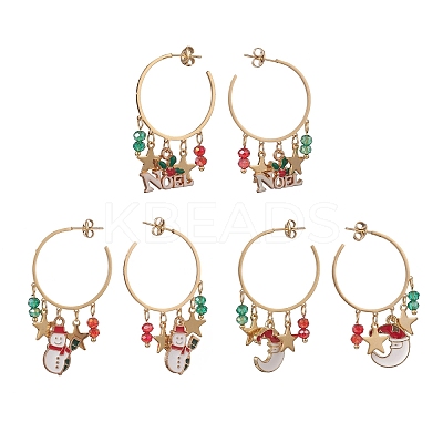 3 Pairs 3 Style Christmas Snowman & Moon & Word Noel Alloy Enamel Dangle Stud Earrings EJEW-TA00221-1