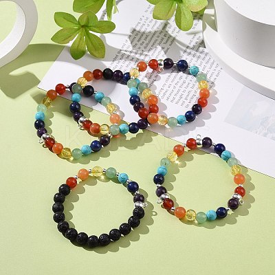 5Pcs 5 Style Natural & Synthetic Mixed Gemstone Round Beaded Stretch Bracelets Set with Alloy Tube Bails BJEW-JB08920-1
