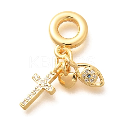 Brass Clear Cubic Zirconia Cross & Eye & Heart European Dangle Charms KK-U048-21G-1