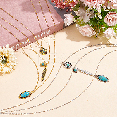 2Pcs 2 Colors Flower & Feather & Oval Imitation Turquoise Pendants 3 Layer Necklaces Set NJEW-AN0001-06-1