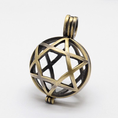 Filigree Round with Star of David Brass Locket Pendants X-KK-N0093-10AB-RS-1