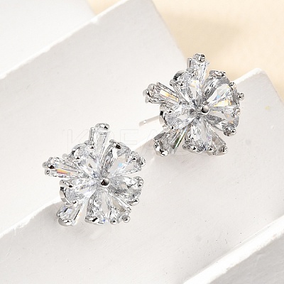 Flower Brass Micro Pave Clear Cubic Zirconia Stud Earrings & Pendant Necklaces Sets SJEW-Z002-04P-1