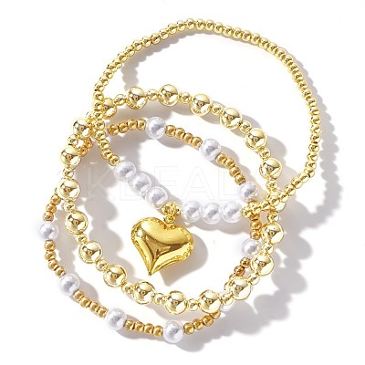 3Pcs 3 Styles Brass & Imitation Pearl & Glass Seed Bead Stretch Bracelets  Heart Charm Bracelets for Women SD2204-5-1