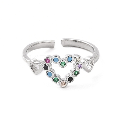 Colorful Cubic Zirconia Double Heart Open Cuff Ring RJEW-C061-02P-1