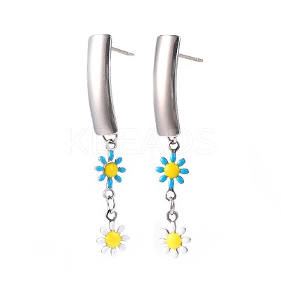 Rectangle with Flower Enamel Long Dangle Stud Earrings EJEW-N049-06B-1