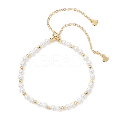 Shell Pearl & Brass Round Beaded Slider Bracelets BJEW-JB13324-01-1