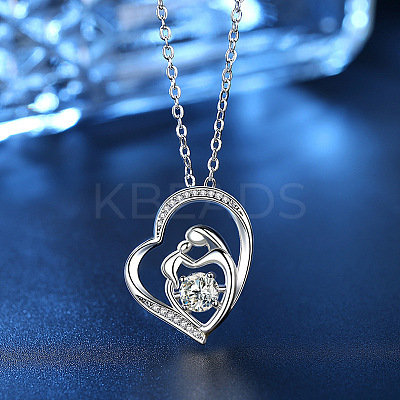 Mother's Day Brass Micro Pave Clear Cubic Zirconia Mother and Baby Heart Pendant Necklaces for Women LS-NJEW-C085-01B-P-1