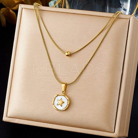 304 Stainless Steel with Natural White Shell Square Disc Pendant Double Layer Necklaces NJEW-K300-06C-G-1