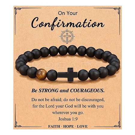 Cross Natural Tiger Eye & Frosted Black Obsidian Round Beads Stretch Bracelets for Men Women WG92FBF-06-1