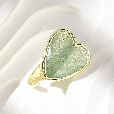 Heart Brass Natural Green Strawberry Quartz  Finger Rings RJEW-D304-01G-C-1