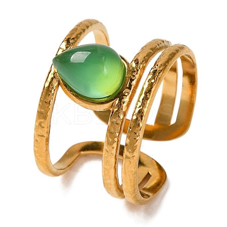 Teardrop Natural Dyed & Heated Green Onyx Agate Finger Rings RJEW-Q822-11G-1