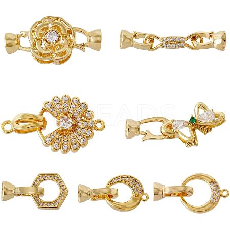 7Pcs 7 Styles Rack Plating Brass Micro Pave Clear Cubic Zirconia Fold Over Clasps KK-FH0004-70-1
