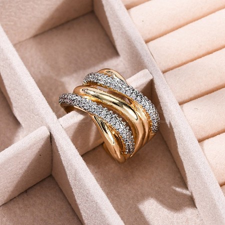 Brass Micro Pave Clear Cubic Zirconia Cuff Finger Rings for Women RJEW-C116-18G-1