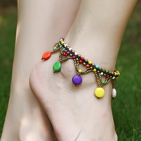 Bohemian Brass with Dyed Synthetic Turquoise Flat Round Beaded Tassel Anklets for Women FS-WG01C93-04-1