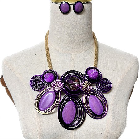 Aluminum Wire Wrapped Resin Beaded Oval Pendant Necklaces & Flat Round Stud Earrings Sets WG92AA6-03-1