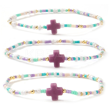 3Pcs Bohemian Cross Charm Glass Seed Bead & Brass Beads Stretch Bracelet for Women SA4132-5-1