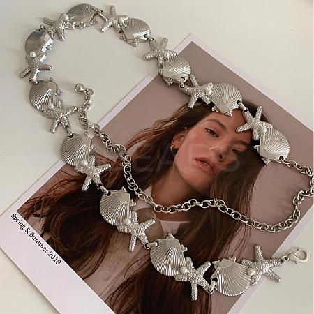 Summer Alloy & Imitation Pearl Starfish and Shell Shaped Link Chain Waist Belly Chains for Women FS-WGFC91A-02-1
