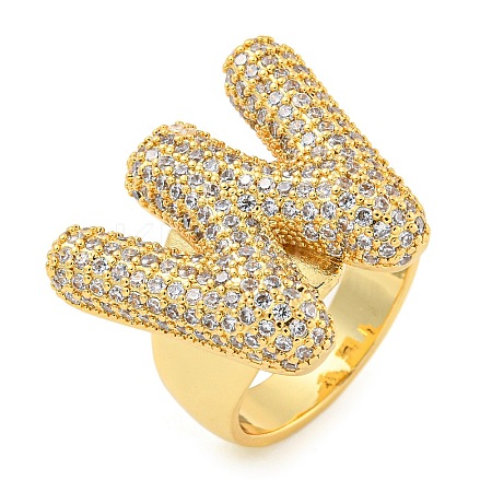 Brass Micro Pave Clear Cubic Zirconia Letter Open Cuff Ring for Women RJEW-M173-01G-W-1