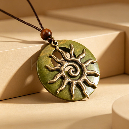 Wood Ring Brass Sun Pendant Adjustable Waxed Cord Necklaces WG3036C-01-1