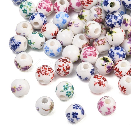Printed Floral Printed Porcelain Beads PORC-T137-01C-1