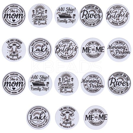 18Pcs 9 Style Flat Round with Word Food Grade Eco-Friendly Printed Silicone Focal Beads SIL-SZ0001-31-1