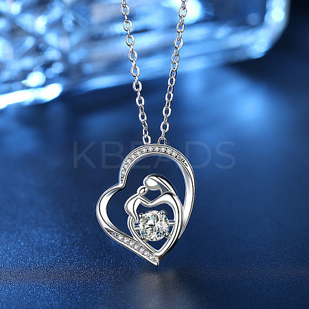 Mother's Day Brass Micro Pave Clear Cubic Zirconia Mother and Baby Heart Pendant Necklaces for Women LS-NJEW-C085-01B-P-1