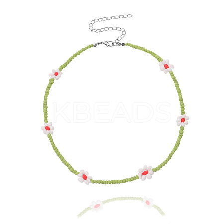 Bohemian Daisy Flower Glass Seed Beaded Necklaces with Alloy End Chains FS-WGC49A6-10-1