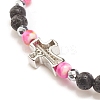 Natural & Synthetic Mixed Gemstone Beaded Stretch Bracelet with Clear Cubic Zirconia Cross for Women BJEW-JB08247-04-5