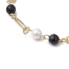 Shell Pearl Beads & Black Stone Link Bracelets BJEW-JB11270-3