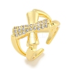 Rack Plating Brass Micro Pave Cubic Zirconia Cross Open Cuff Ring for Women RJEW-C082-10G-1