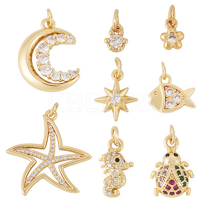 8Pcs 8 Styles Brass Micro Pave Cubic Zirconia Pendants KK-TA0002-53-1