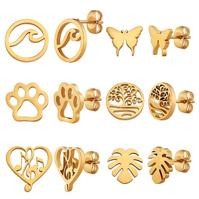 6 Pairs 6 Style Butterfly & Leaf & Tree of Life & Cat Claw Print & Music Note & Wave 316 Surgical Stainless Steel Stud Earrings for Women JE932A-1
