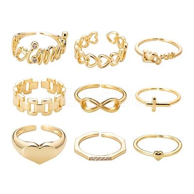 9Pcs 9 Style Brass Cuff Rings RJEW-LS0001-11G-1