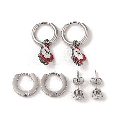 3 Pairs 3 Styles Christmas 304 Stainless Steel Hoop & Studs Earrings Set for Women EJEW-K279-12A-P-1