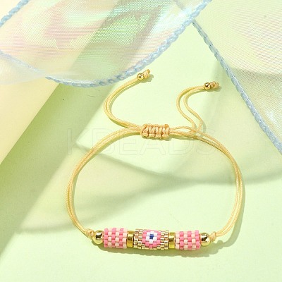 Glass Seed Column with Evil Eye Link Bracelet BJEW-MZ00029-02-1