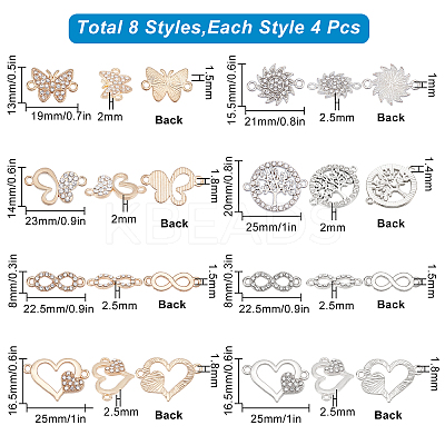 32Pcs 8 Styles Alloy Crystal Rhinestone Connector Charms ALRI-SC0001-22-1