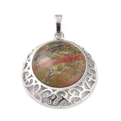 Natural Unakite Pendants with Hollow Platinum Brass Findings G-P448-A09-P-1