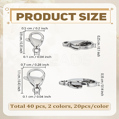 40Pcs 2 Style 304 Stainless Steel Lobster Claw Clasps STAS-LP0005-16-1
