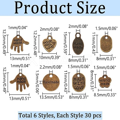 180Pcs 6 Styles Tibetan Style Alloy Pendants TIBEP-AR0001-13-1
