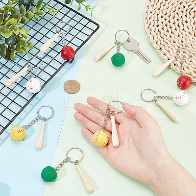 12Pcs 4 Colors Mini Baseball PU Leather Pendant Keychain with Wood Baseball Bat DIY-OC0011-25-1