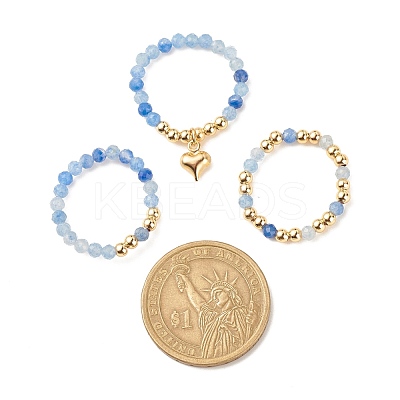 3Pcs 3 Style Natural Gemstone & Brass Beaded Finger Rings with 304 Stainless Steel Heart Charms for Women RJEW-JR00471-1
